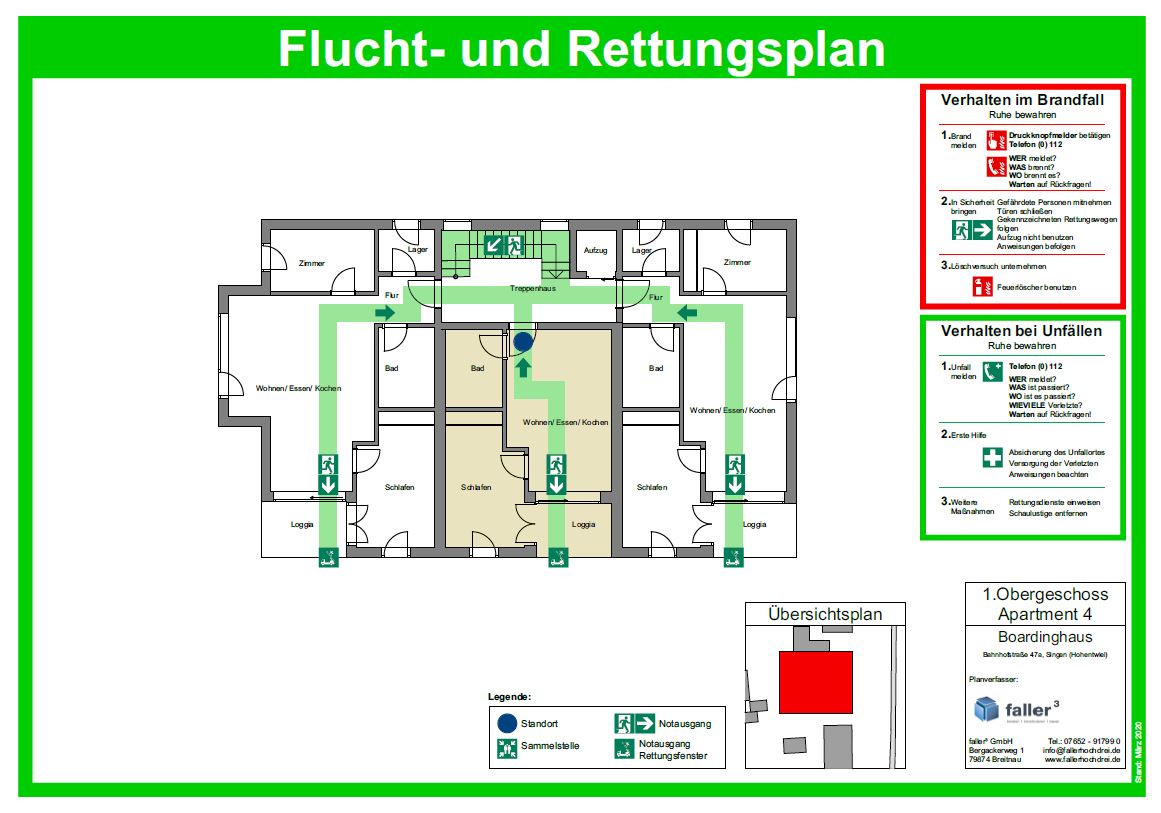 Der Flucht- und Rettungsplan für das Primera Apartment 4 im 1. Obergeschoss.